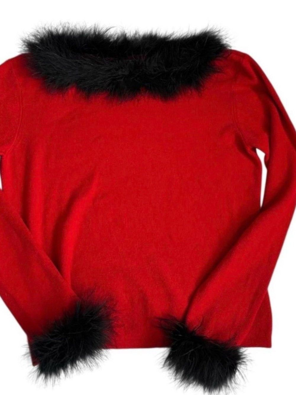 Worthington Red Sweater with Black Faux Fur Trim